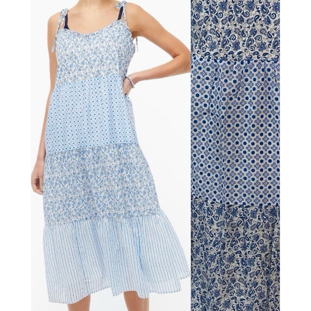 J Crew Blue Floral Tiered Midi Coverup Sundress Tie Shoulder Straps Boho Beach M